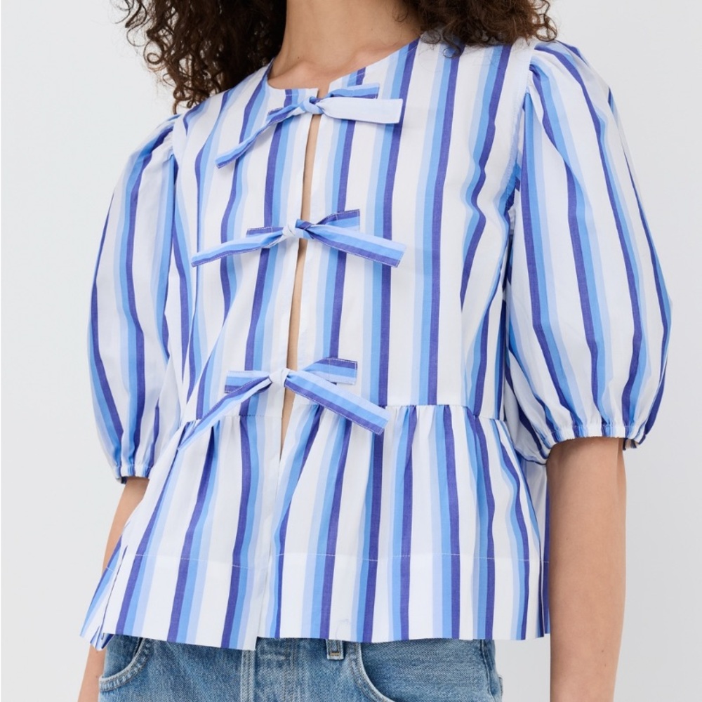 Ganni cotton tie front striped blouse